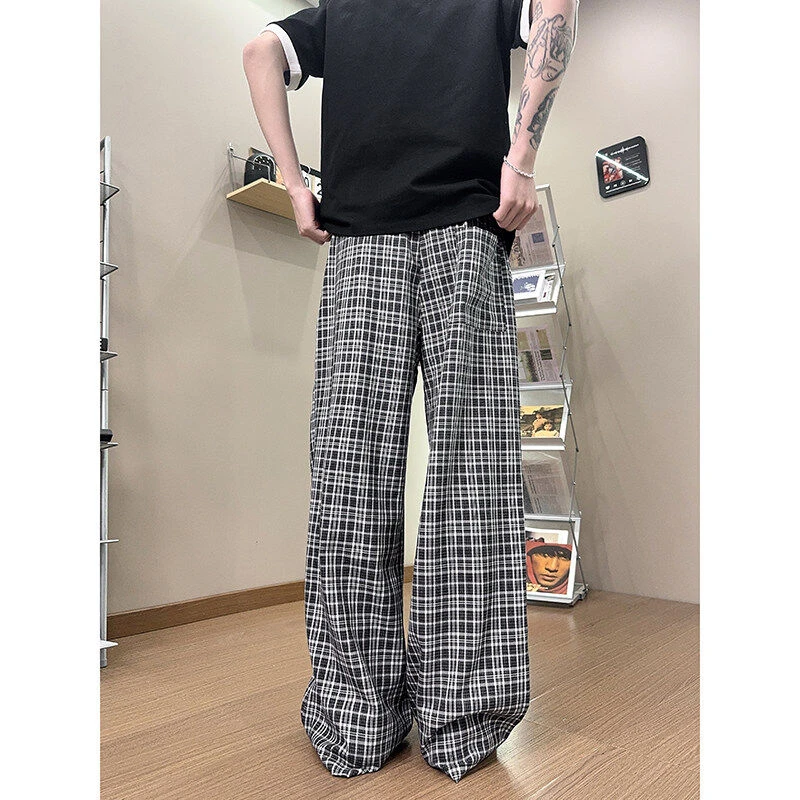 美式复古黑白格子裤子男款夏季不贴腿冰丝垂感男裤宽松直筒阔腿裤