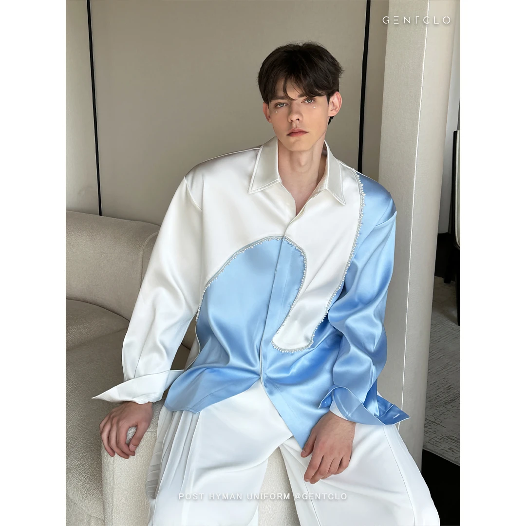 GENTCLO「蓝噬断章」白蓝撞色垂感宽松衬衣男高级感珍珠设计衬衫