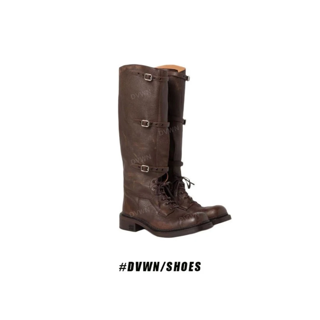 【DVWN 专属】复古风圆头真皮做旧扣带骑士靴女百搭粗跟系带长筒靴