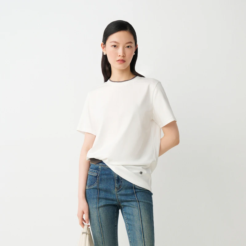 【商场同款】HPLY荷比俪24秋新女领边钉钻链边休闲T恤HME31620273