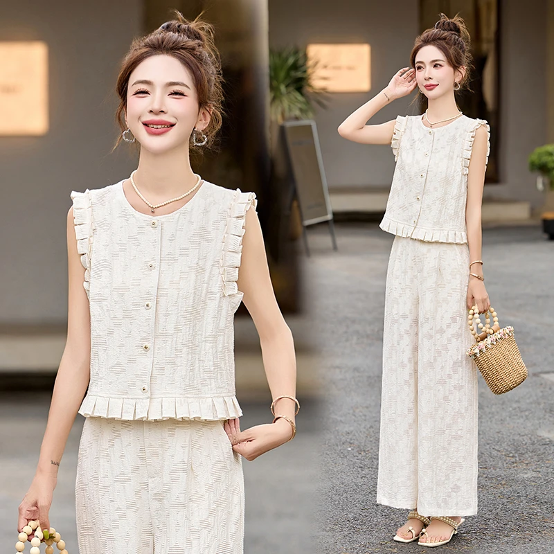 无袖木耳边时尚套装女2025夏季新款高级感单排扣气质阔腿裤两件套