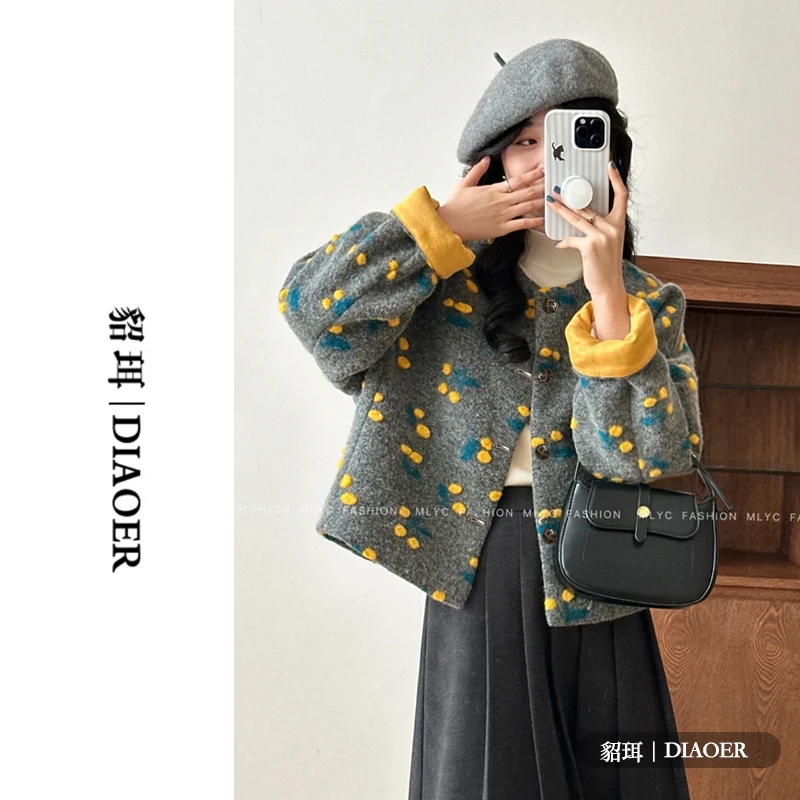 DIAOER/貂珥【樱为有你】小众呢子 小香风短款外套樱桃立体提花