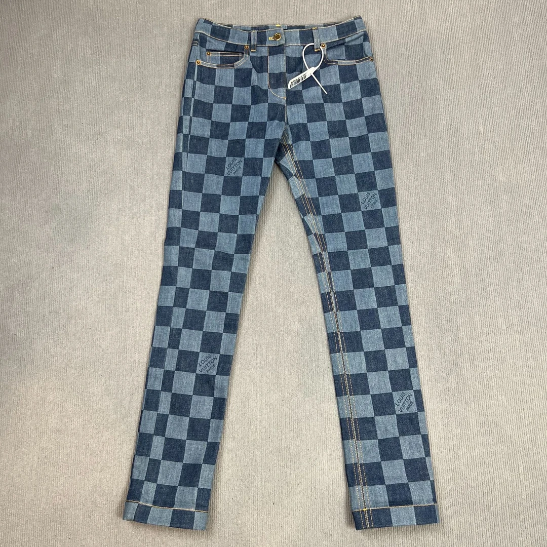 95新 LouisVuitton/路易威登 2501105/36码/老花皮饰棋盘格牛仔裤