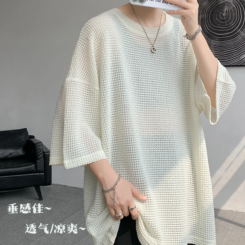 T恤镂空透气冰丝t恤男生cleanfit大码薄款速干短袖罩衫感七分袖