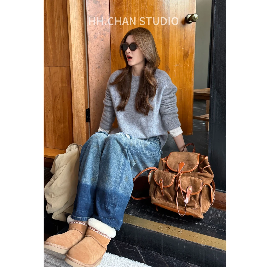 HH.CHAN“海盐奶咖”山羊绒&羊毛花纱奶蓝圆领显瘦薄毛衣HH53G39058