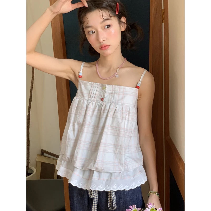 Jiang jam/姜姜姜酱彩色串珠格子吊带花边拼接背心女