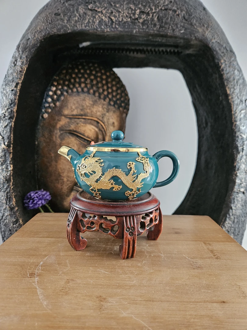 名家旧藏松石釉面包金双龙献瑞紫砂壶350毫升老紫泥