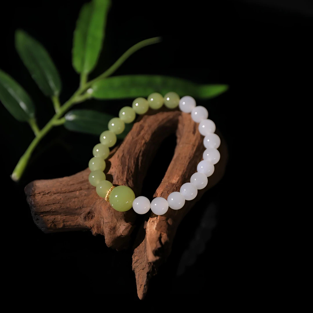 【潮生珠宝】和田玉黄玉加白玉半山水18k金镶嵌手串