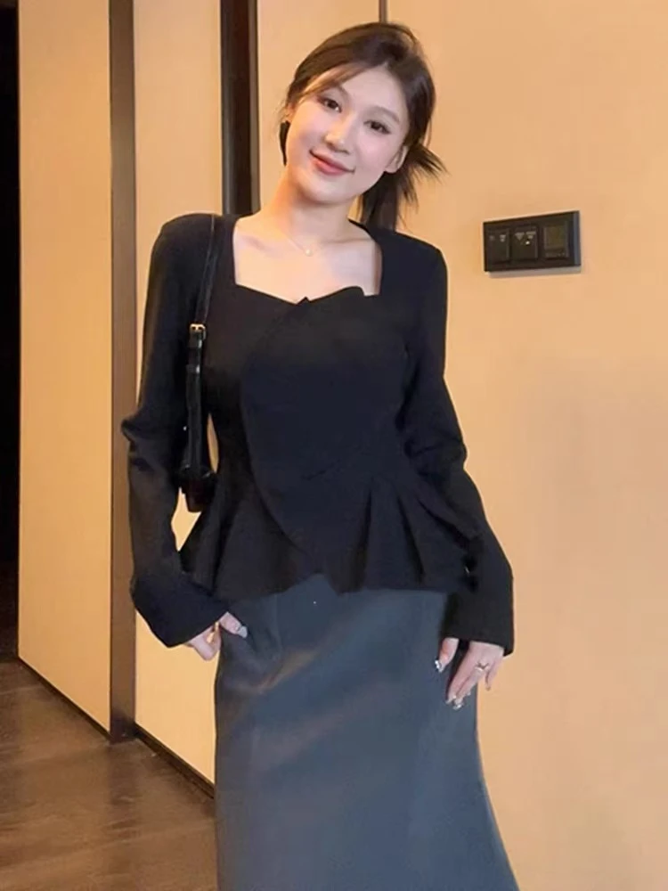 PDM-1688设计感不规则衬衫女新款百搭大码微胖mm显瘦收腰遮肚上衣