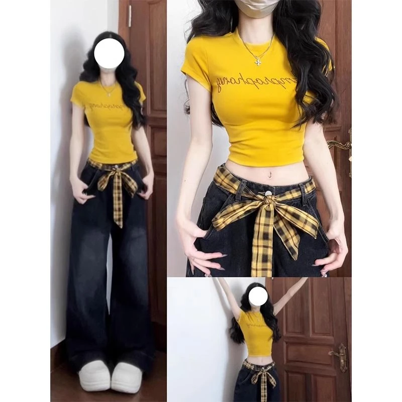 时尚穿搭女2025新款美式辣妹短款正肩短袖t恤显瘦牛仔裤两件套装