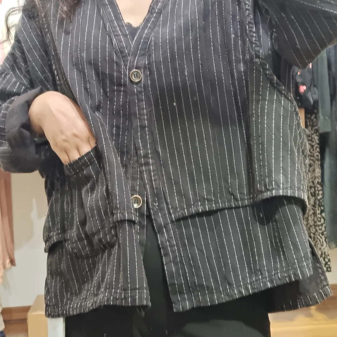 亚麻厚款单排扣防脏V领收口袖短外套条纹灰色上衣亚麻