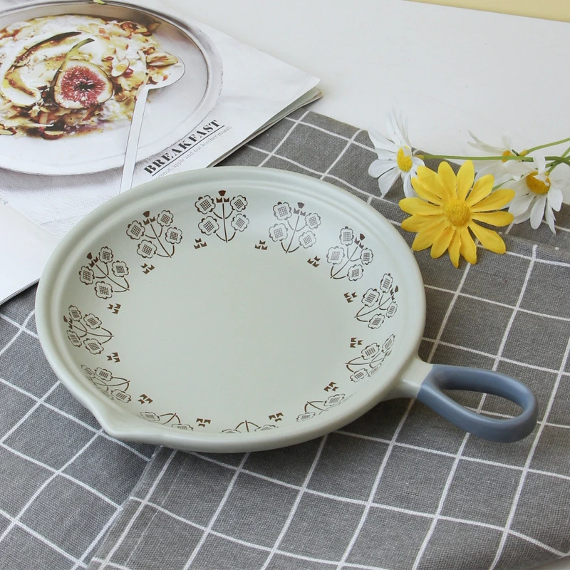 日式简约早餐盘牛排盘陶瓷平底砂锅 可明火燃气 带柄锅煎蛋锅批发