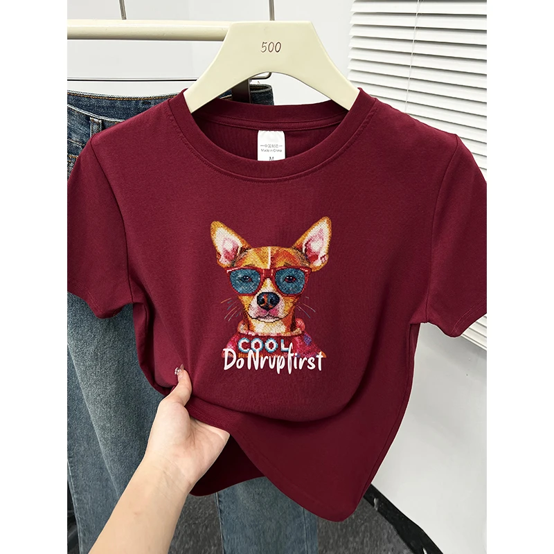 酒红色正肩短袖t恤女夏季狗狗印花胖mm大码遮肉洋气圆领显白上衣