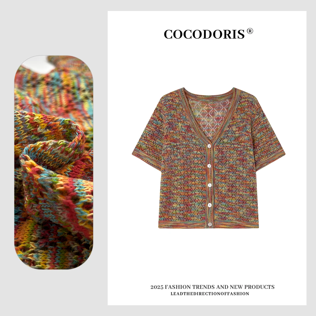 COCO DORIS 2025夏季新款V领镂空拼色针织开衫正肩短袖上衣8485