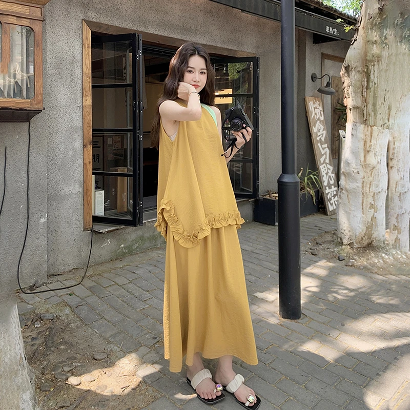 减龄黄色木耳边无袖半身裙套装女夏2025新款多巴胺独特绝美两件套