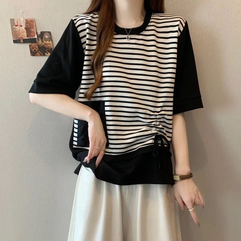 大码设计感抽绳条纹短袖T恤女夏季新款胖MM宽松显瘦百搭洋气上衣