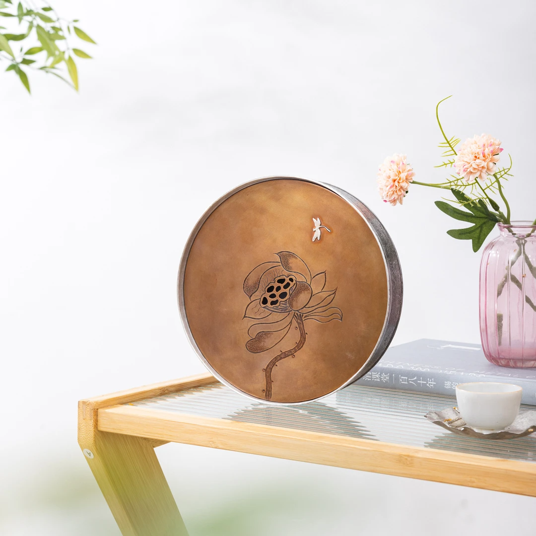 蜂鸟工坊&锡雕侠侣 锡器铜片大荷花嵌蜻蜓壶承 WCXHC402
