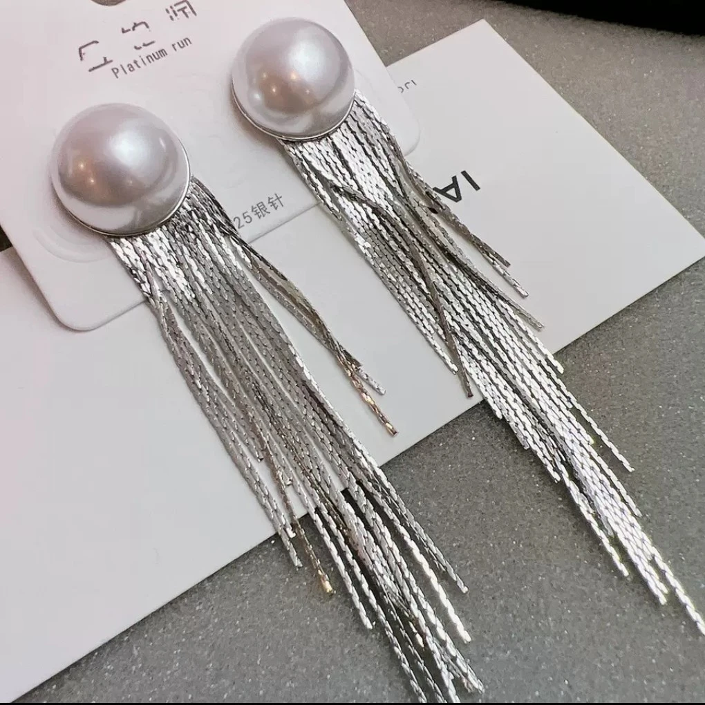 铜合金石英石耳饰 高级感法式大珍珠流苏耳环