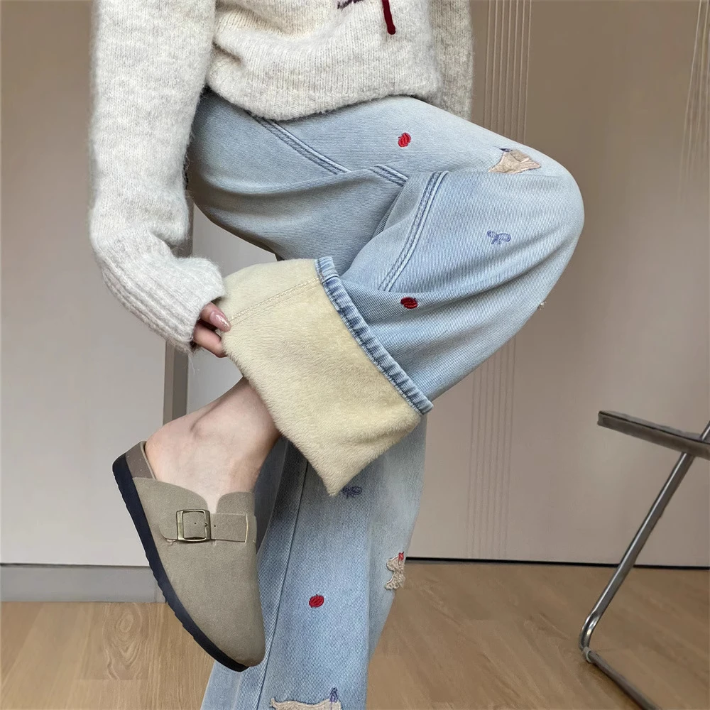 圣诞刺绣卡通加绒保暖牛仔裤女冬季大码阔腿裤宽松显瘦拖地裤