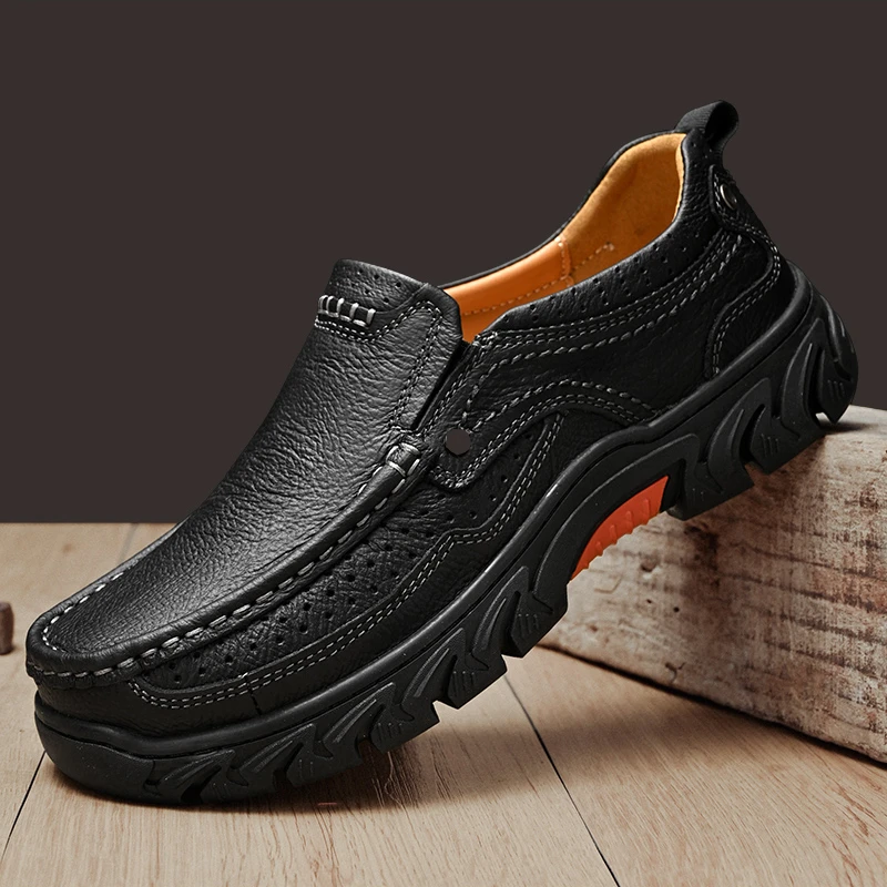 2025新款休闲鞋男头层牛皮户外休闲鞋真皮厚底一脚蹬软底爸爸鞋