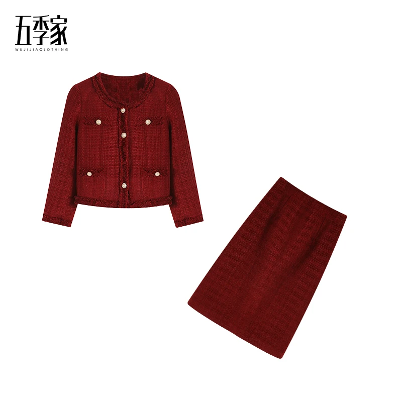 橘子-冬季气质小香风黑色/红色上衣长半裙套装ZL39284