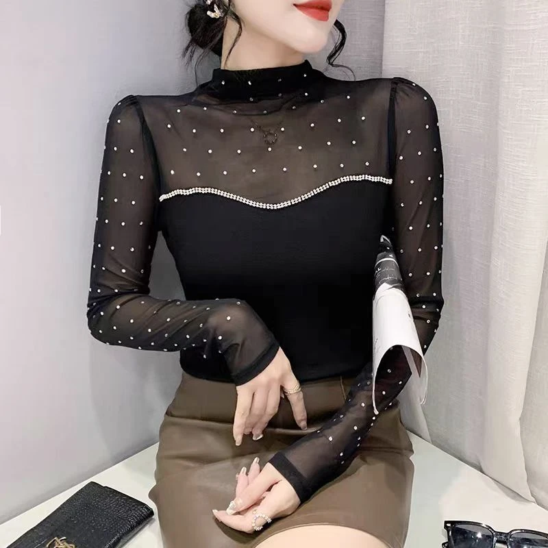 网纱拼接打底衫女秋冬性感气质半高领上衣重工烫钻漂亮长袖T恤ins