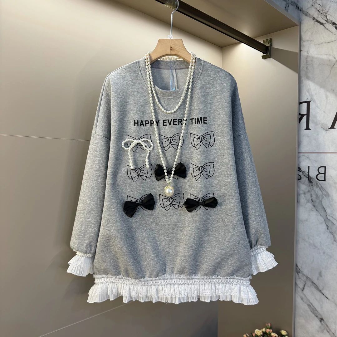 立体蝴蝶结长袖卫衣早春2025新款设计感小众拼接蕾丝上衣（衣长78）