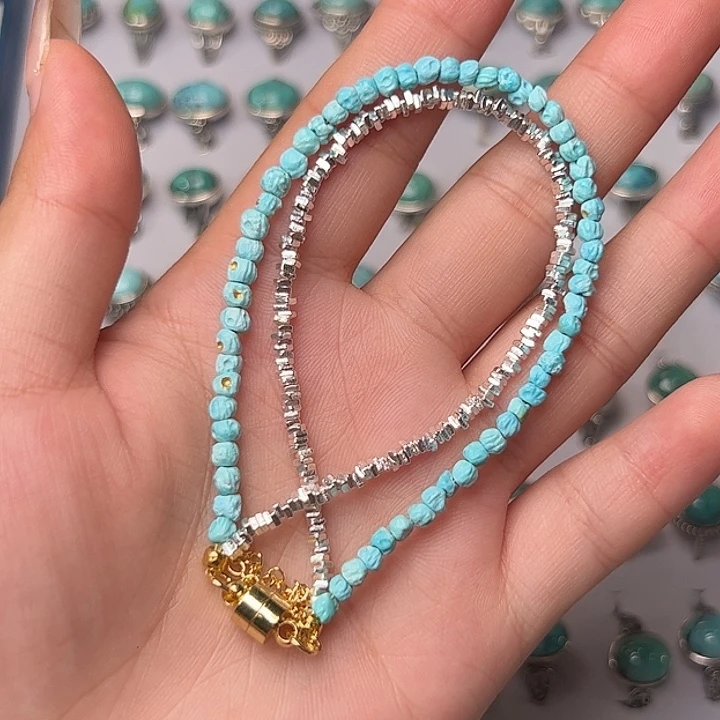 绿松石银S925镶嵌手链卡3.3