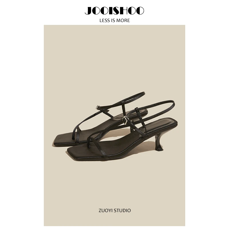 佐一绸缎一字带时装夹趾细带猫跟凉鞋女设计感小众高跟鞋夏季