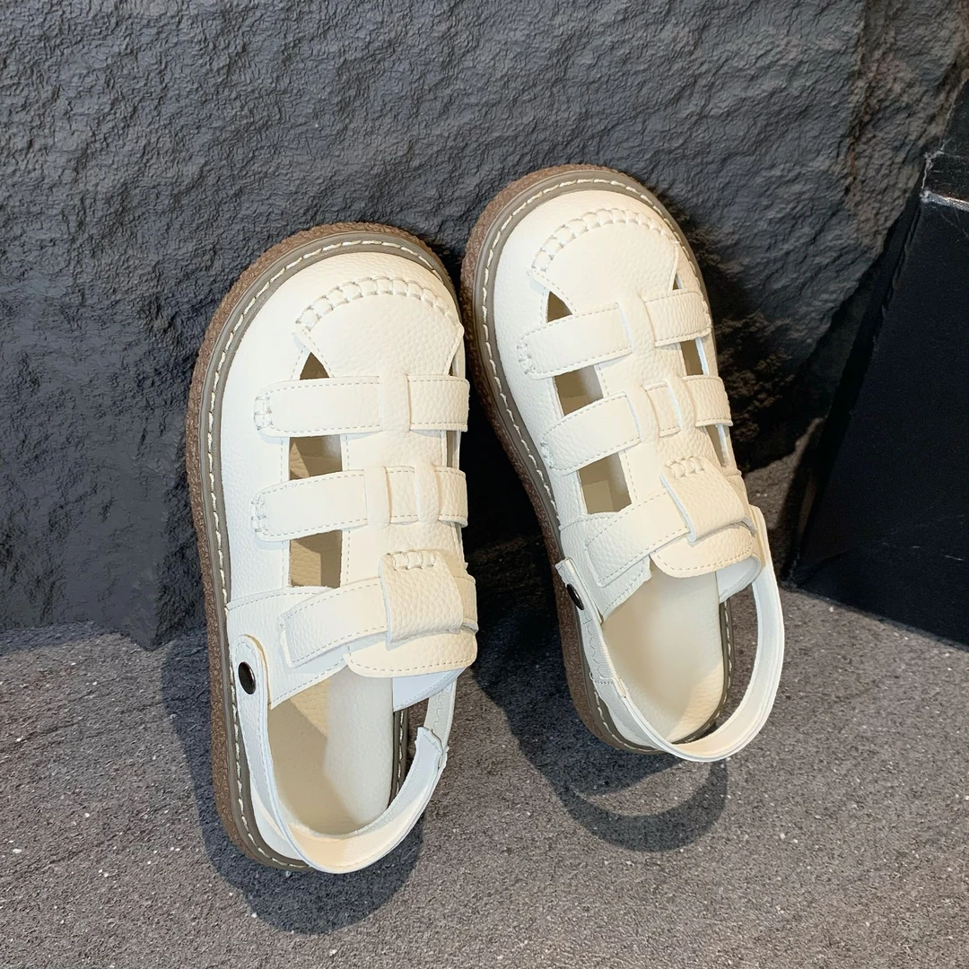 包头罗马凉鞋女两穿厚底凉鞋夏季外穿软底平底镂空编织皮底凉拖鞋
