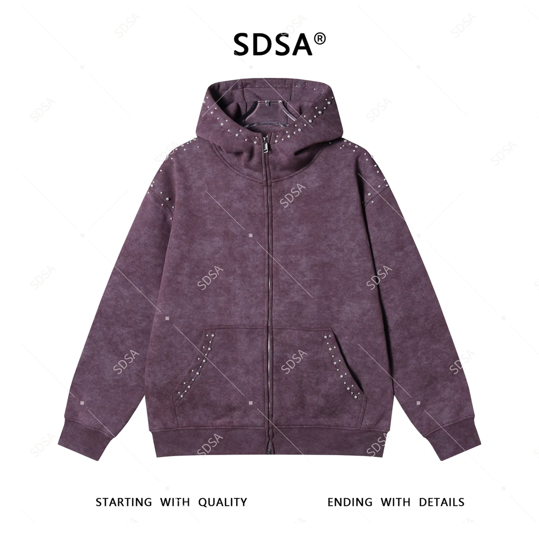 SDSA男士2025新款轻奢痞帅男装扎染立体珠子立领连帽拉链卫衣外套