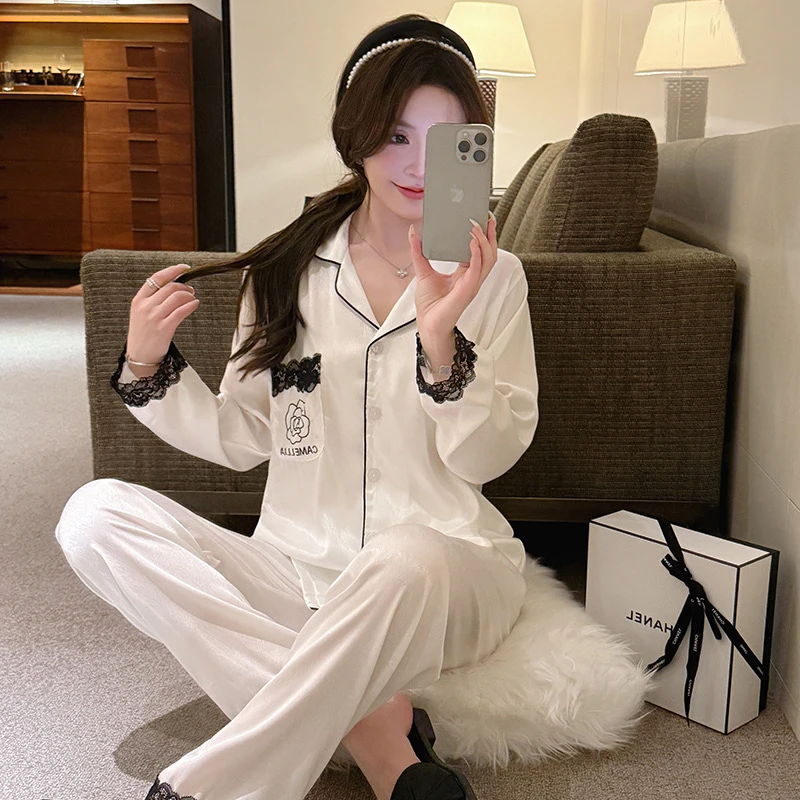 春季新款山茶花蕾丝撞色高级感睡衣牛奶丝透气舒适长袖套装1751