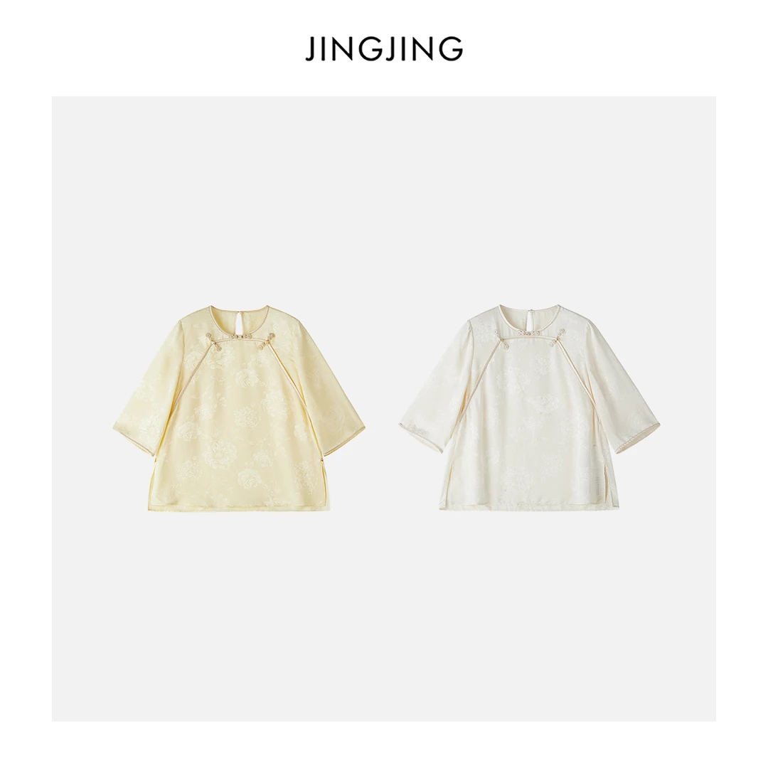 JINGJING2025新款"江山雨落"桑蚕丝花罗高贵雅致轻薄透气短袖上衣