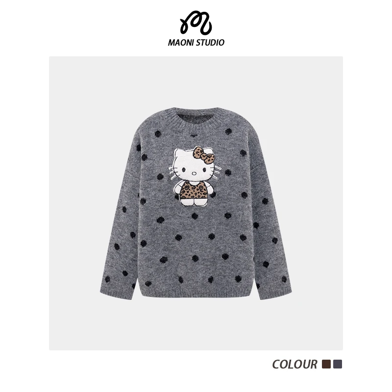 毛妮LADIESFIRST秋冬新款宽松慵懒风卡通猫咪加厚波点毛衣女L2533