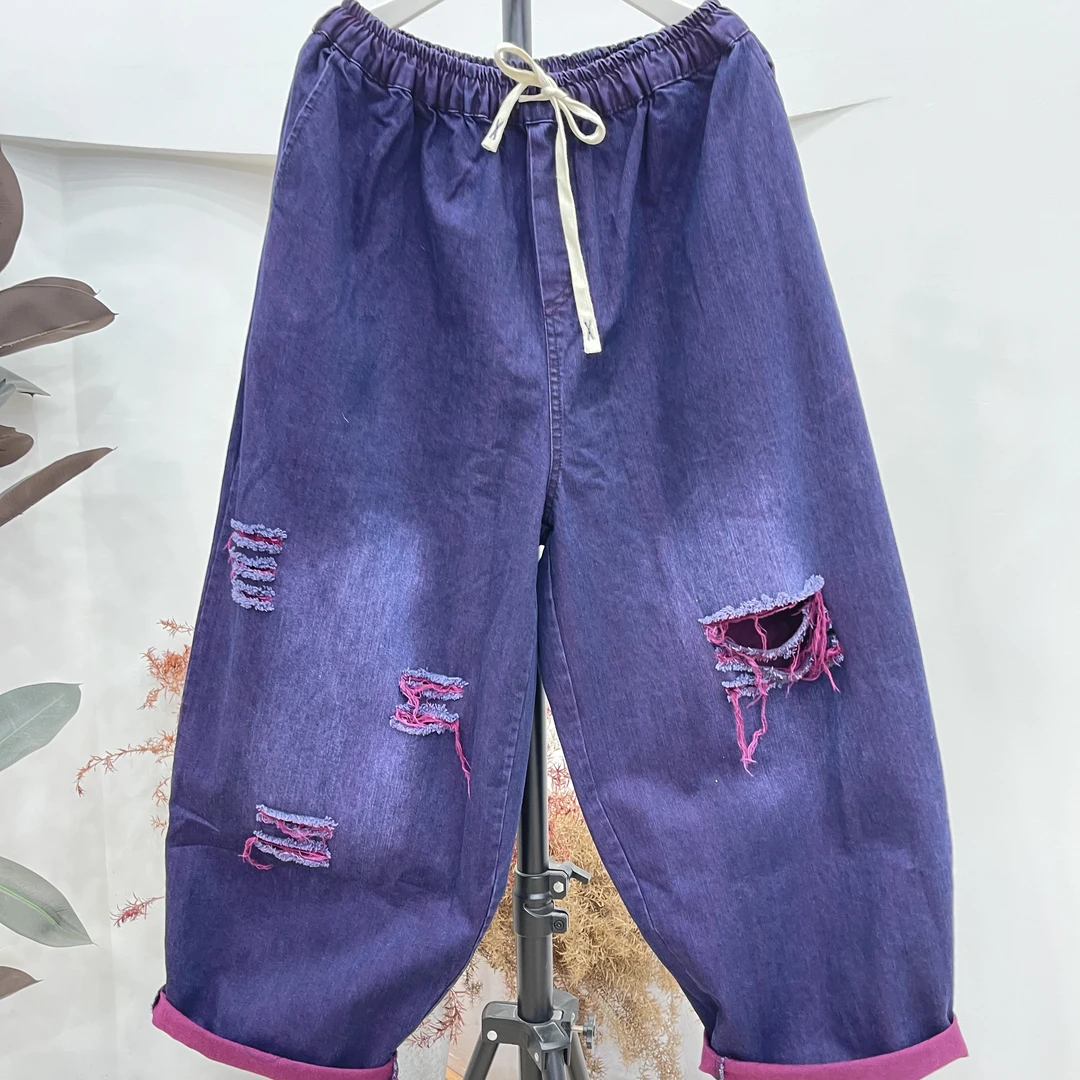 243欧货爆款彩色牛仔破洞女裤春夏新款
