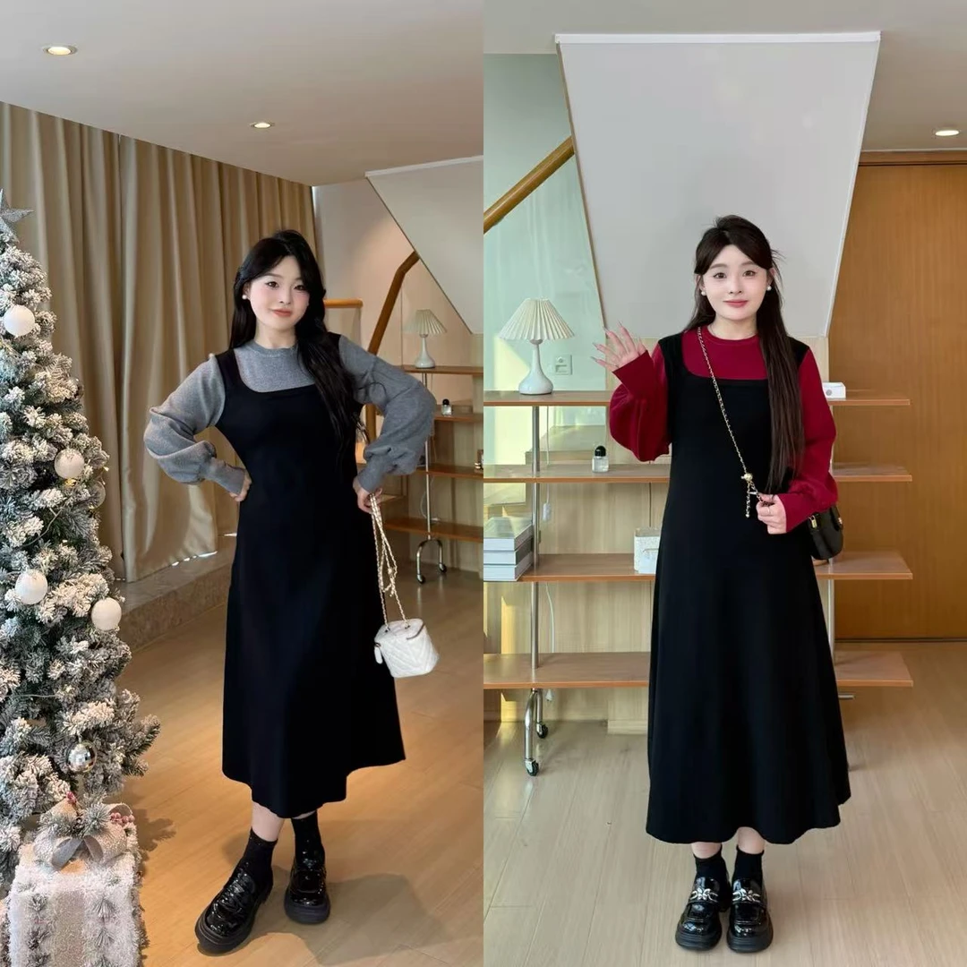 少量现货-心心【南法假日】加厚百搭假两件拼接大码显瘦连衣裙