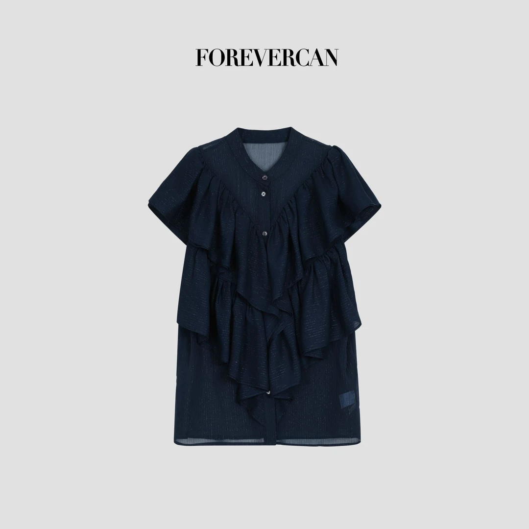 FOREVERCAN“夜幕降临”立体荷叶边小飞袖蛋糕短袖上衣ST23466