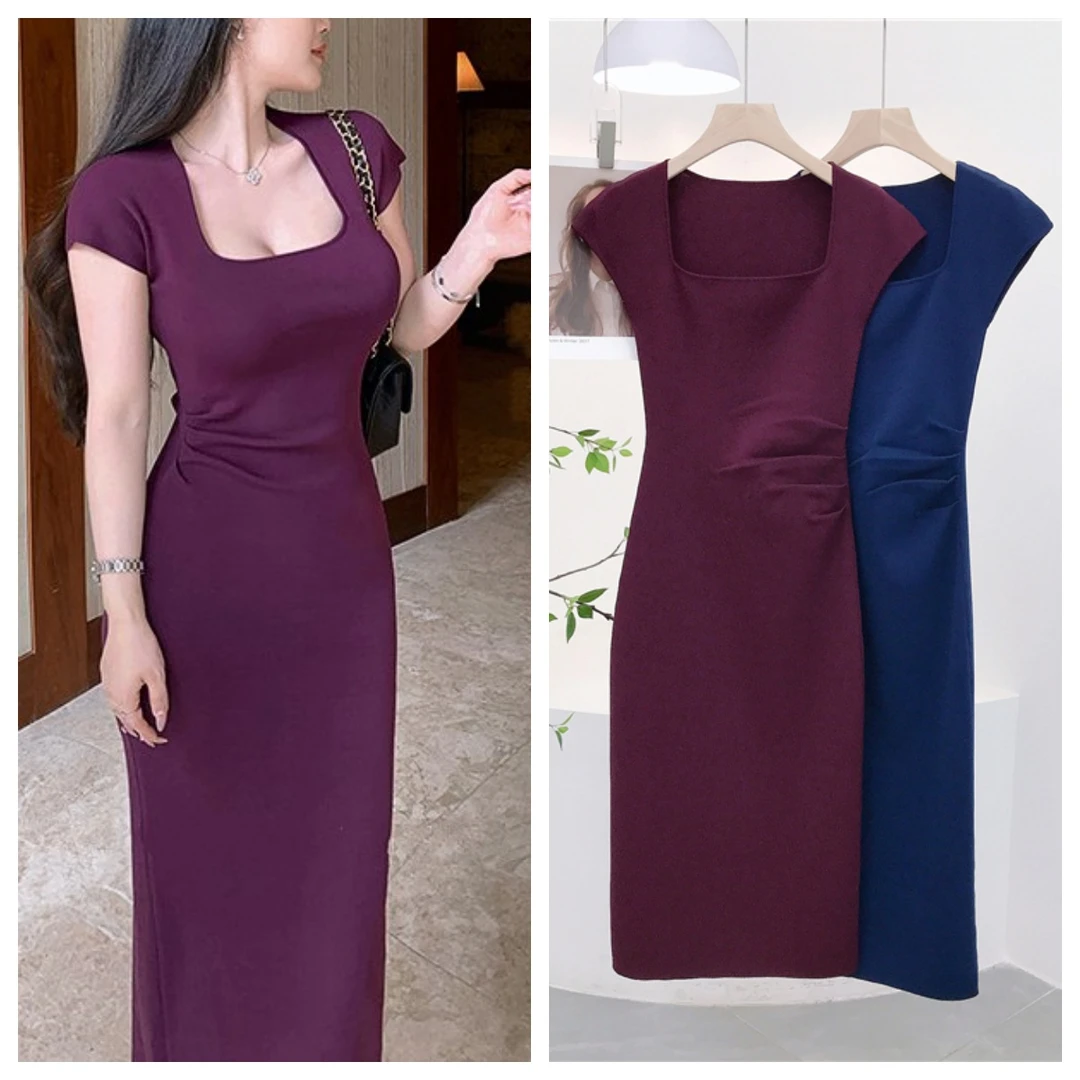 ERXI 御姐轻熟风情万种冰丝方领包肩收腰褶皱遮肚子开叉连衣裙