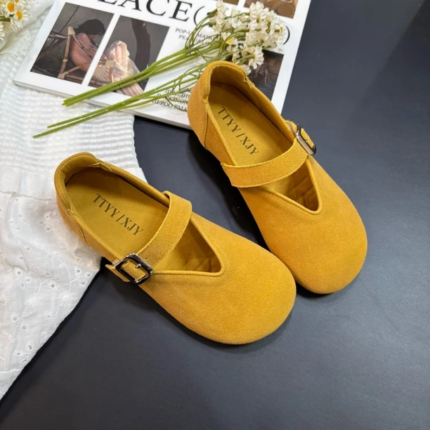 小雨家【韩版】玛丽珍真皮一字扣软底百搭豆豆鞋