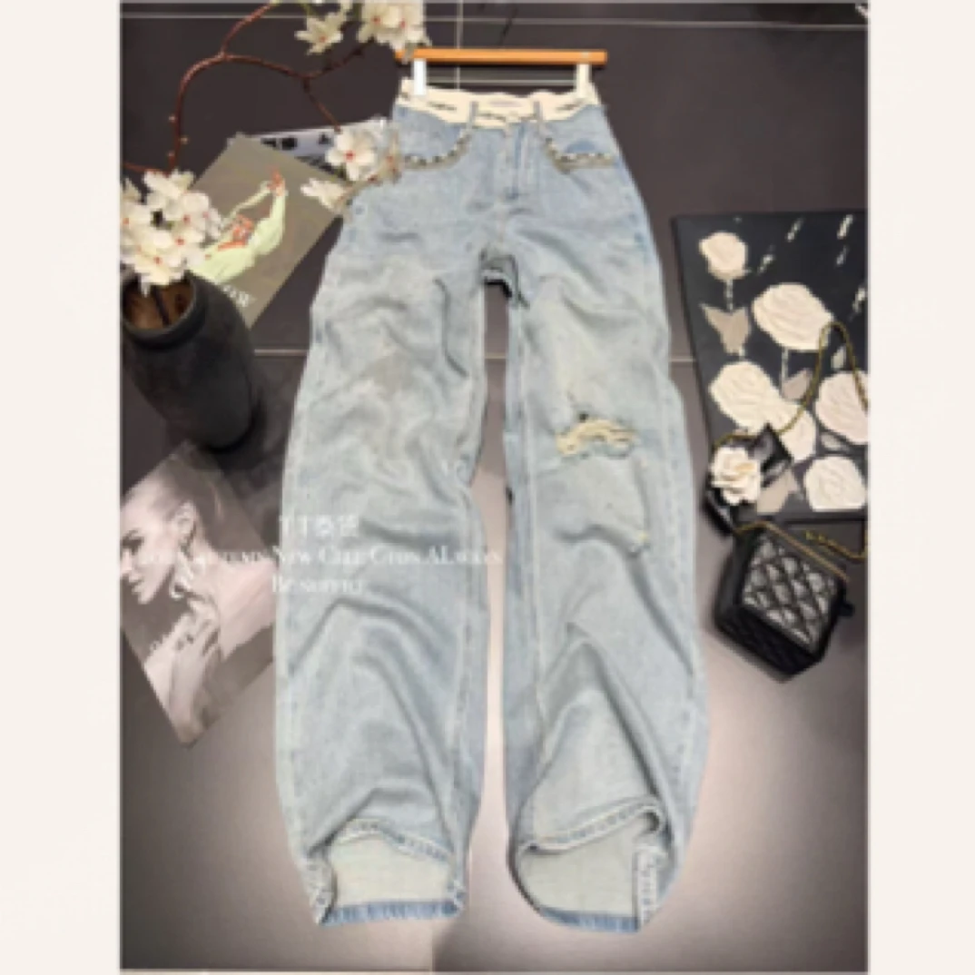 美式复古蓝色牛仔裤女2025年春新款镶钻高腰阔腿裤子