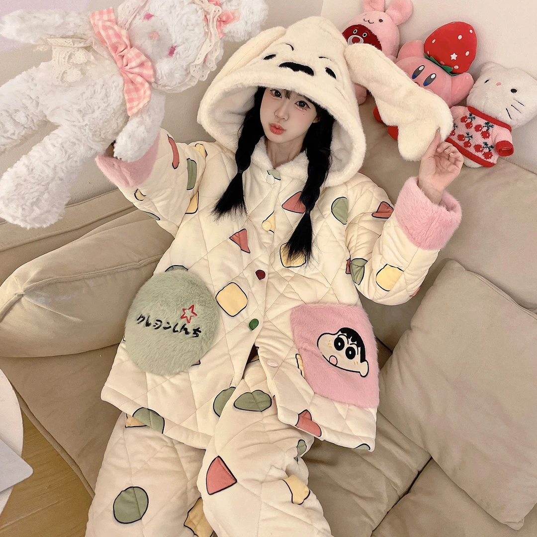 冬睡衣女款爆款2025新款加厚加绒海岛绒三层夹棉珊瑚绒家居服套装