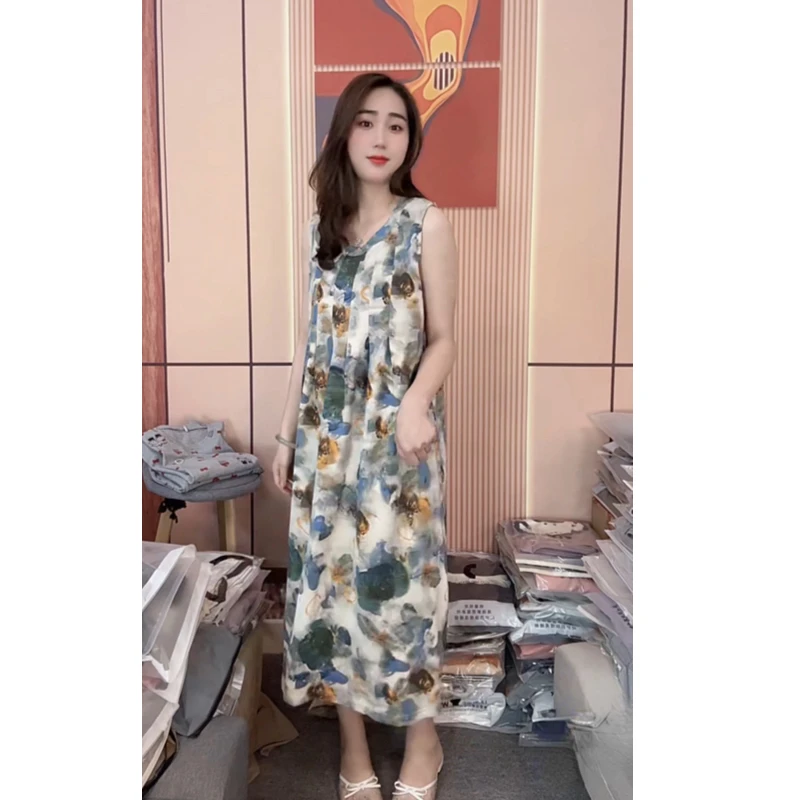 夏季新款纯棉无袖背心睡裙国风休闲可外穿家居服（复古水墨画）