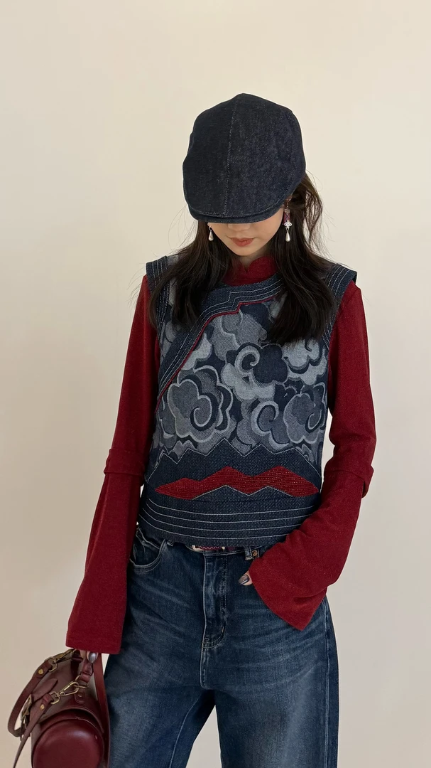 【卓日雅】8816设计师款圆领斜襟祥云蒙古元素民族风重工马甲时尚