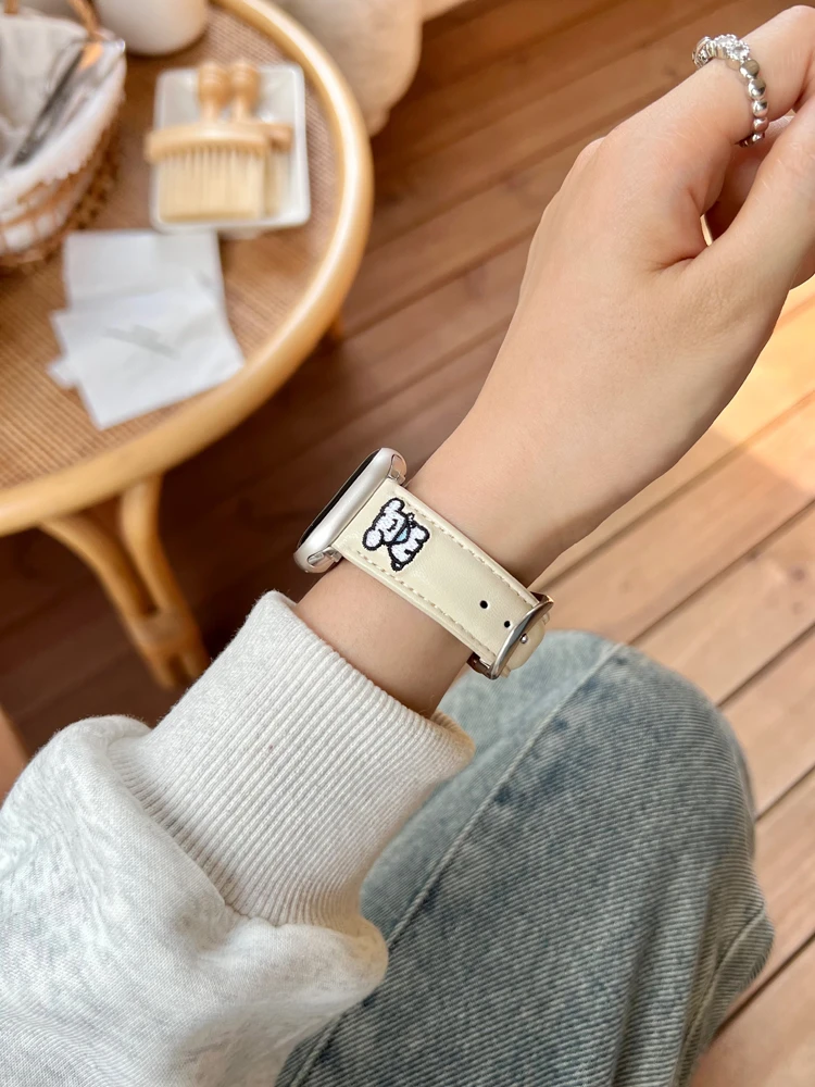 适用小米手环9pro表带猫咪刺绣皮质8pro/s4红米watch5/4表带女生