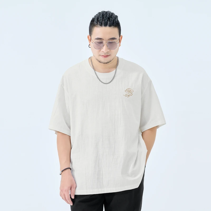 半墨大码男装棉麻圆领套头T恤男士加肥加大中国风绣花短袖春0239