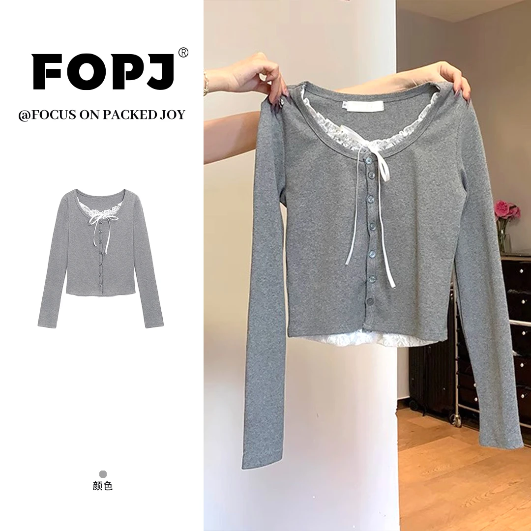 FOPJ春秋新款韩版设计感长袖t恤女款纯欲辣妹风拼接蕾丝短款上衣