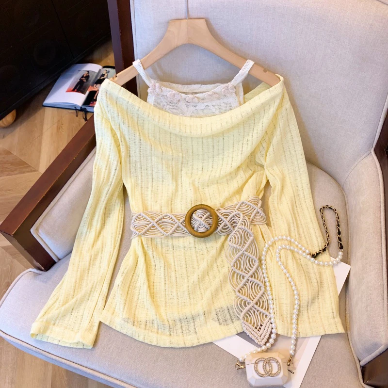 韩系蕾丝拼接长袖假两件T恤女2025春季新款独特修身别致针织上衣