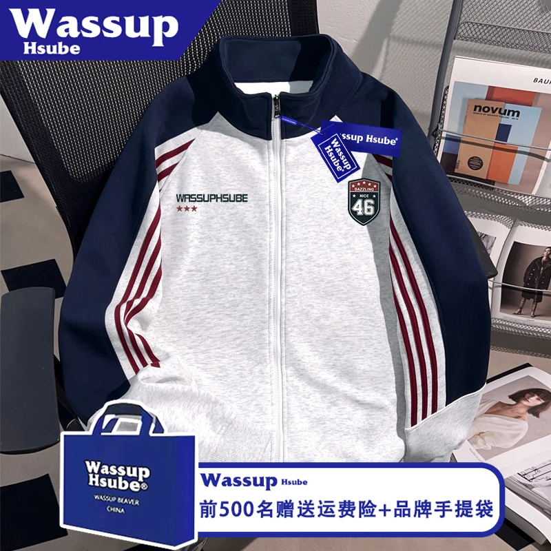 WASSUP HSUBE潮牌字母印花开衫男女上衣秋冬加厚加绒立领拉链卫衣