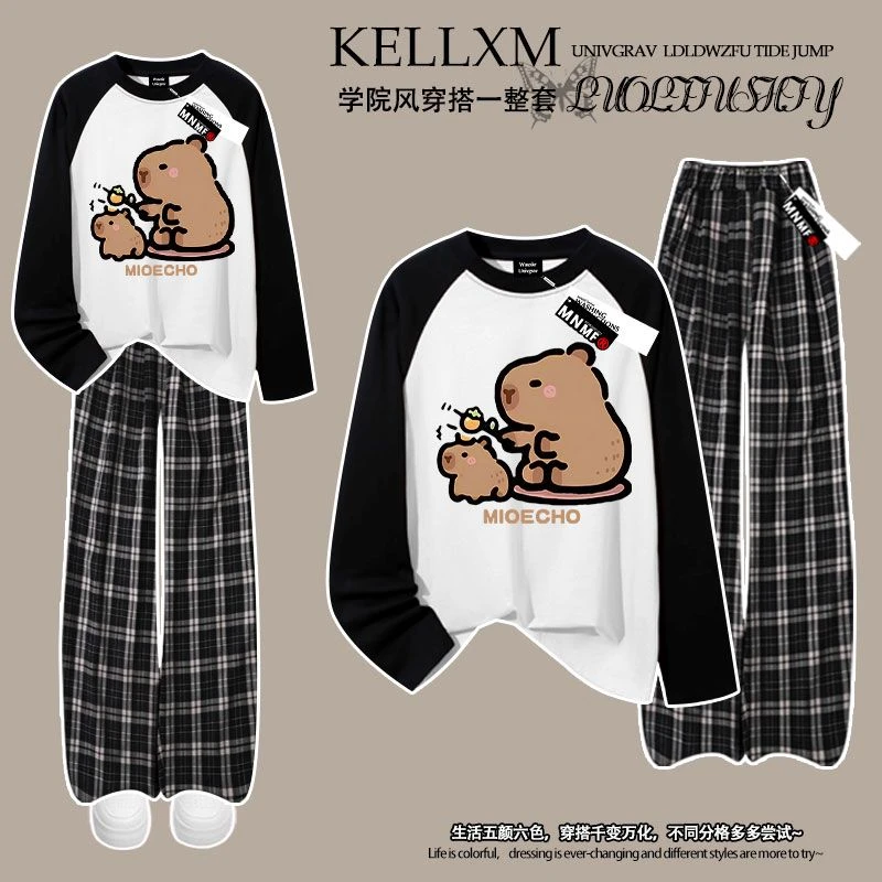 卡皮巴拉印花男女童2025秋季插肩长袖t恤格子裤套装时尚潮流学生
