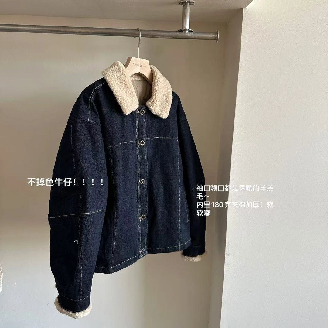 小文姐 W0820-韩版宽松百搭翻领保暖加厚牛仔棉服外套休闲上衣